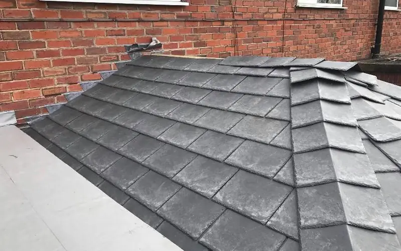 Slate-effect tiles on a lean-to roof